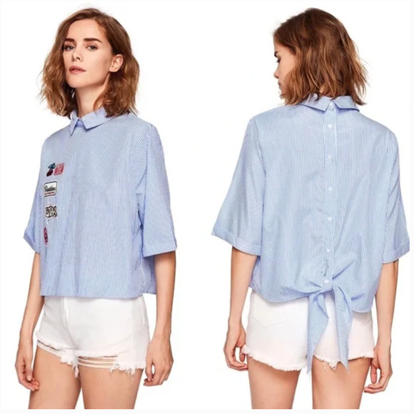 Zara Tops - Zara Pinstripe Button Down Backwards Collared Patches Blouse